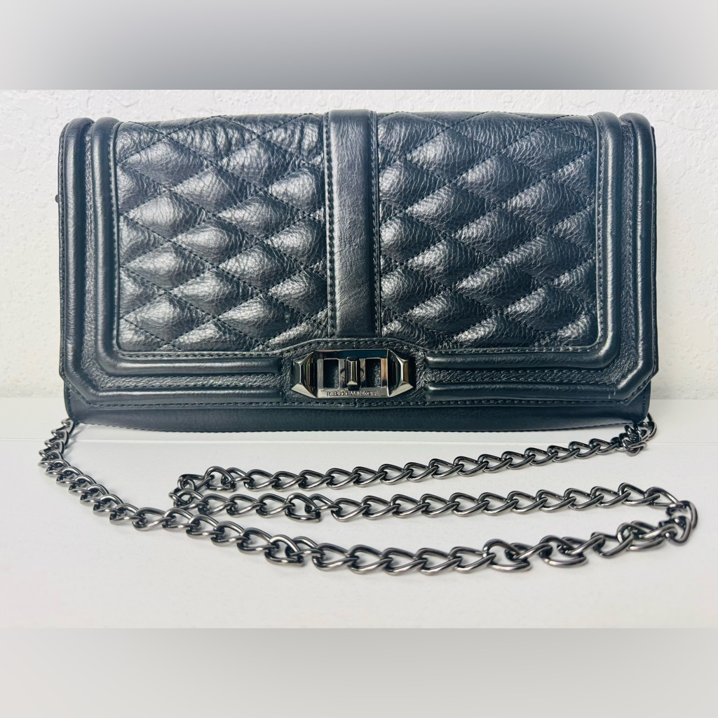 Rebecca Minkoff Black Quilted Love Crossbody Bag Chain Strap